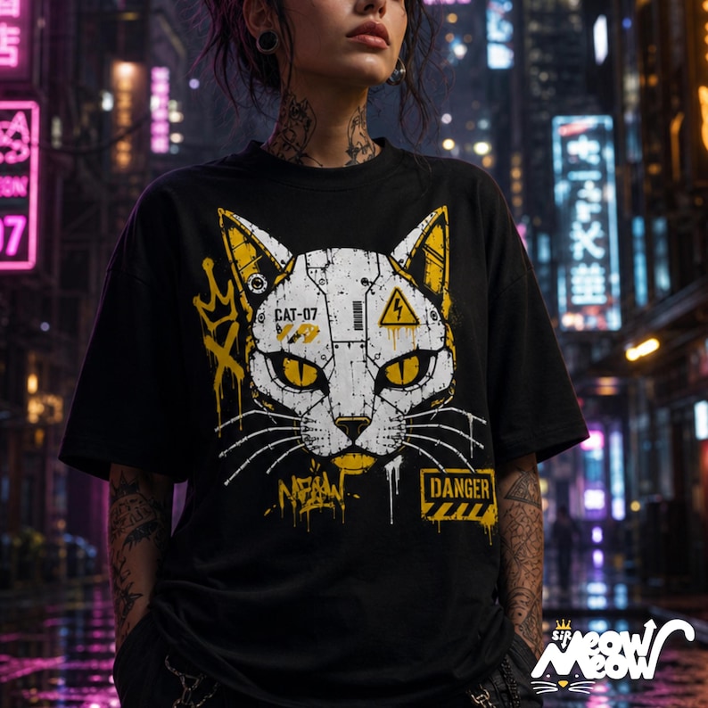 Sir Meow Meow's white and gold robot-cat design on a black graphic T-shirt